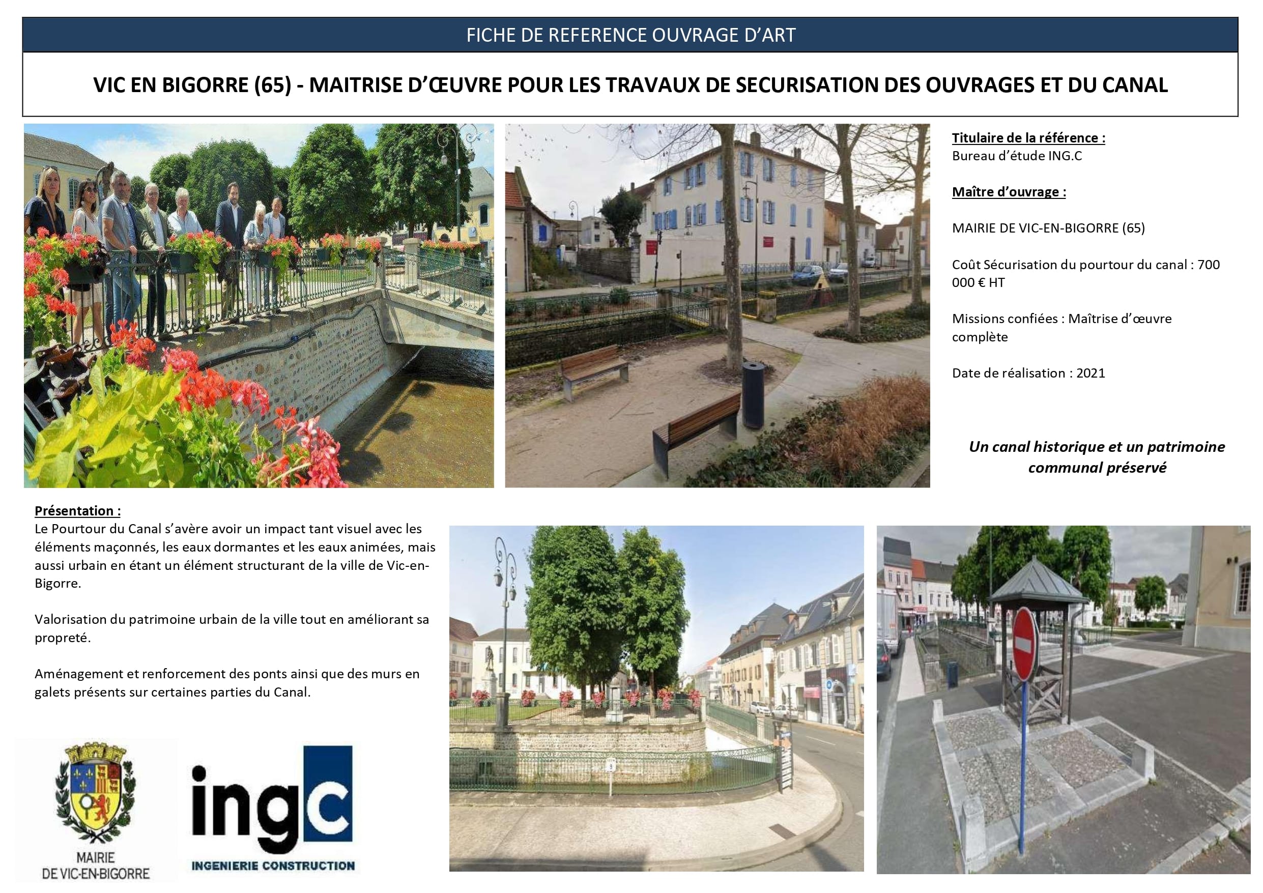 Sécurisation du canal de Vic-en-Bigorre : ponts, garde-corps fleuris et aménagements urbains par ING.C en 2021.
