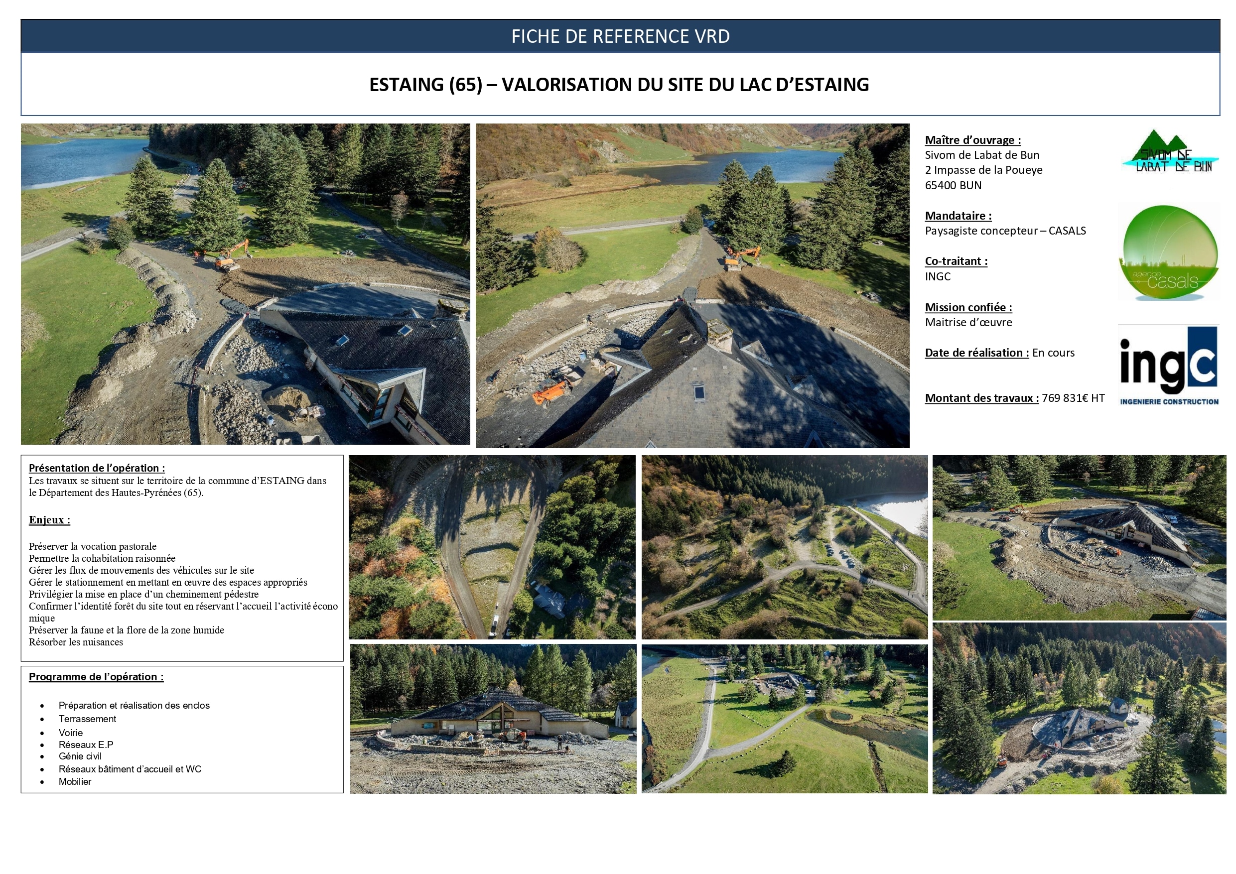 Fiche projet VRD : valorisation du site du Lac d’Estaing (65) avec photos de chantier et détails des aménagements.