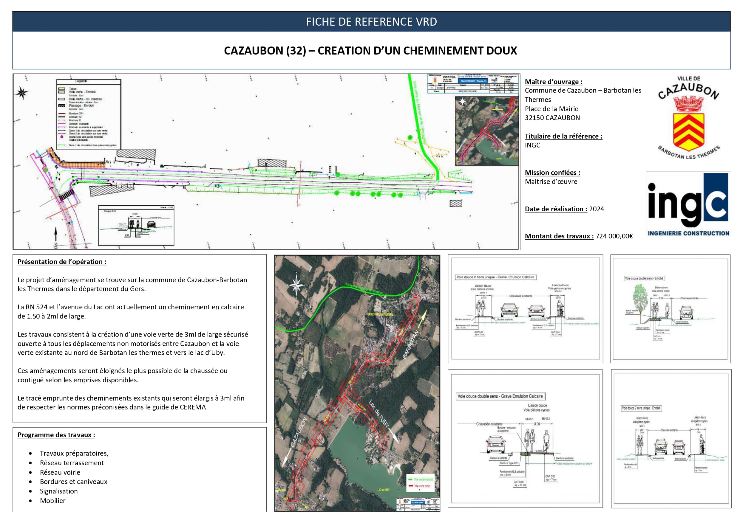 Fiche technique VRD : création d'une voie verte à Cazaubon, plans de masse et coupes transversales.