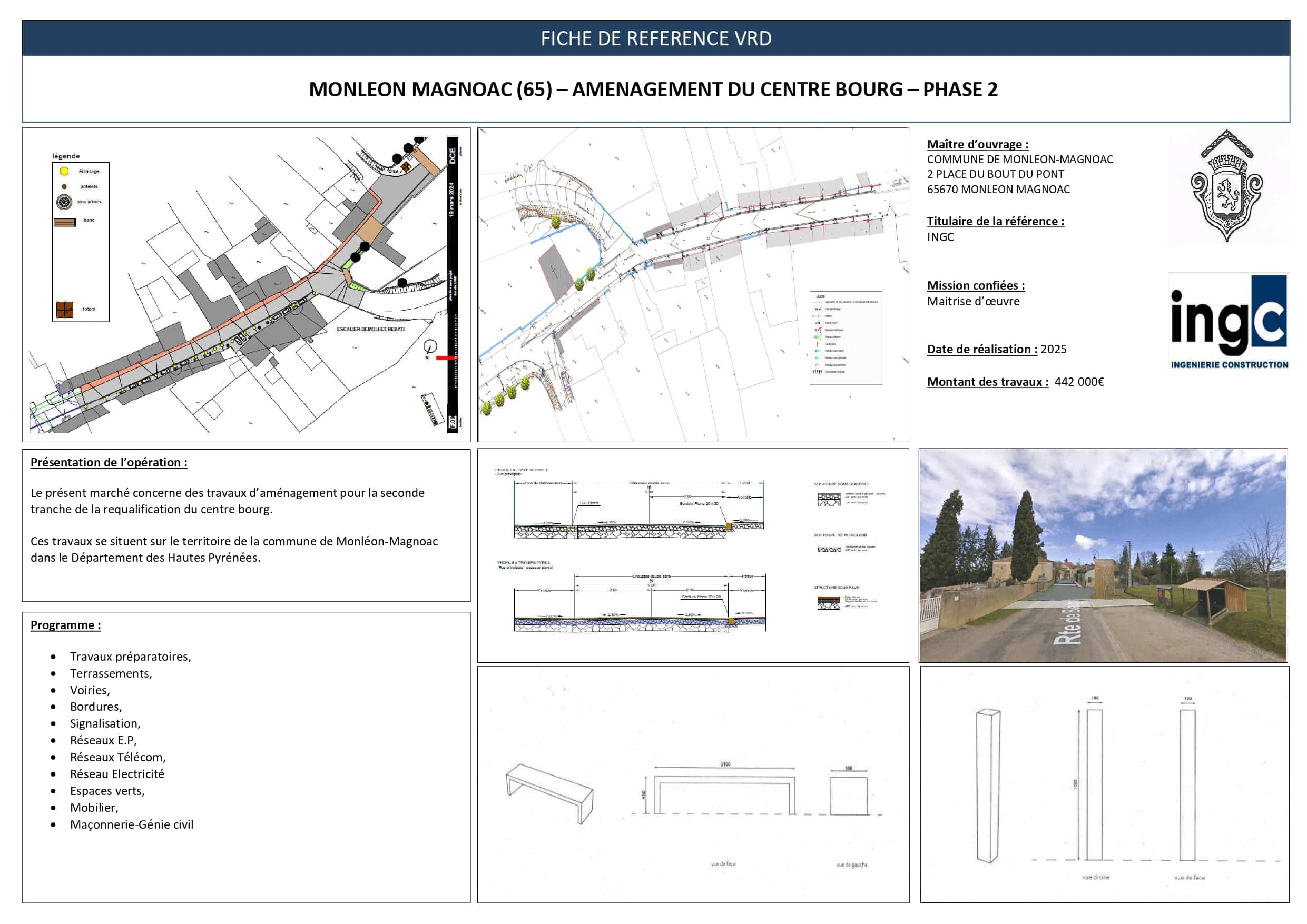 Fiche VRD Monléon-Magnoac Phase 2 : plans de voirie, réseaux, mobilier urbain et photo du centre-bourg.