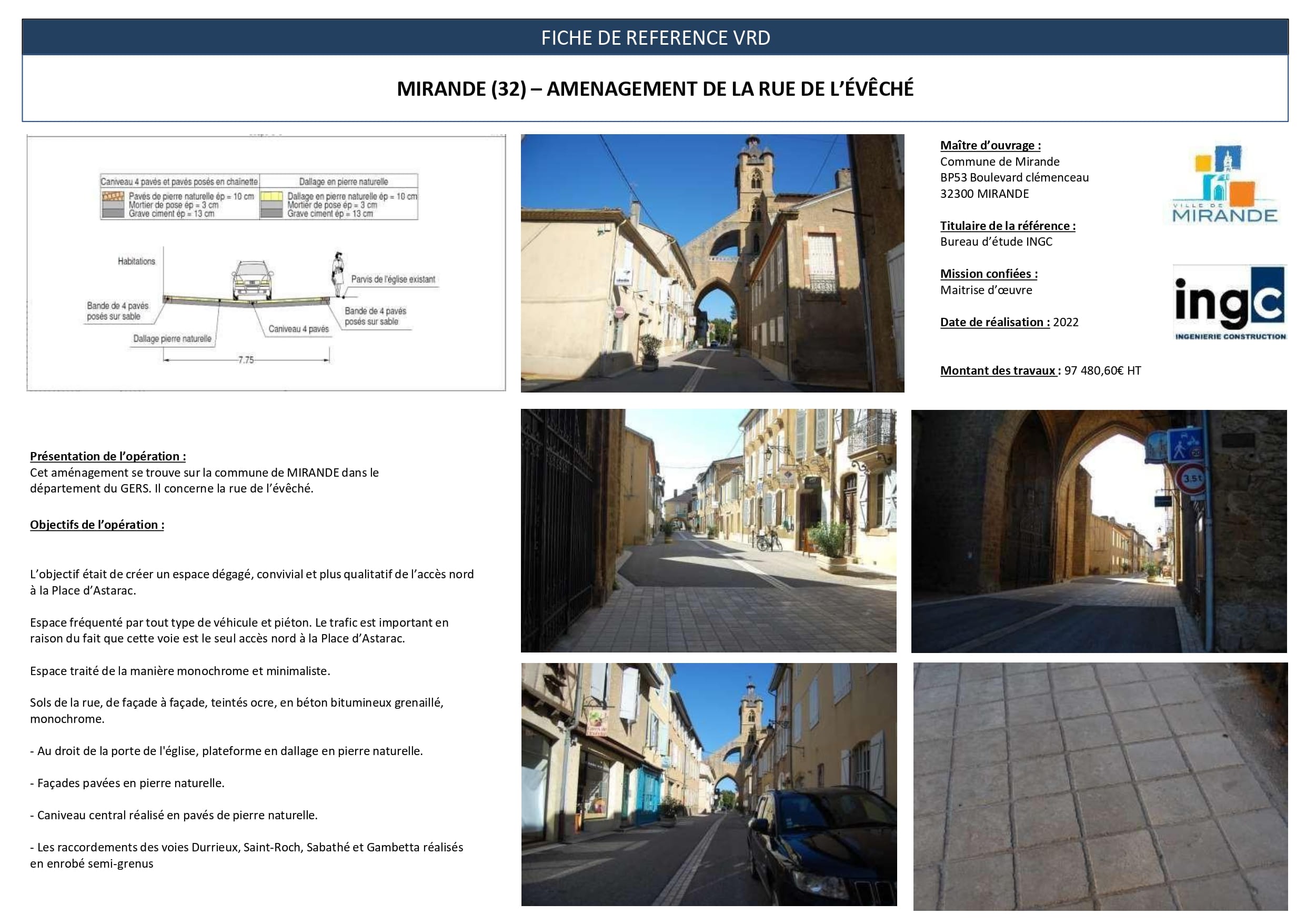 Fiche projet VRD Mirande : aménagement de la Rue de l'Évêché avec dallage pierre naturelle et porche historique.
