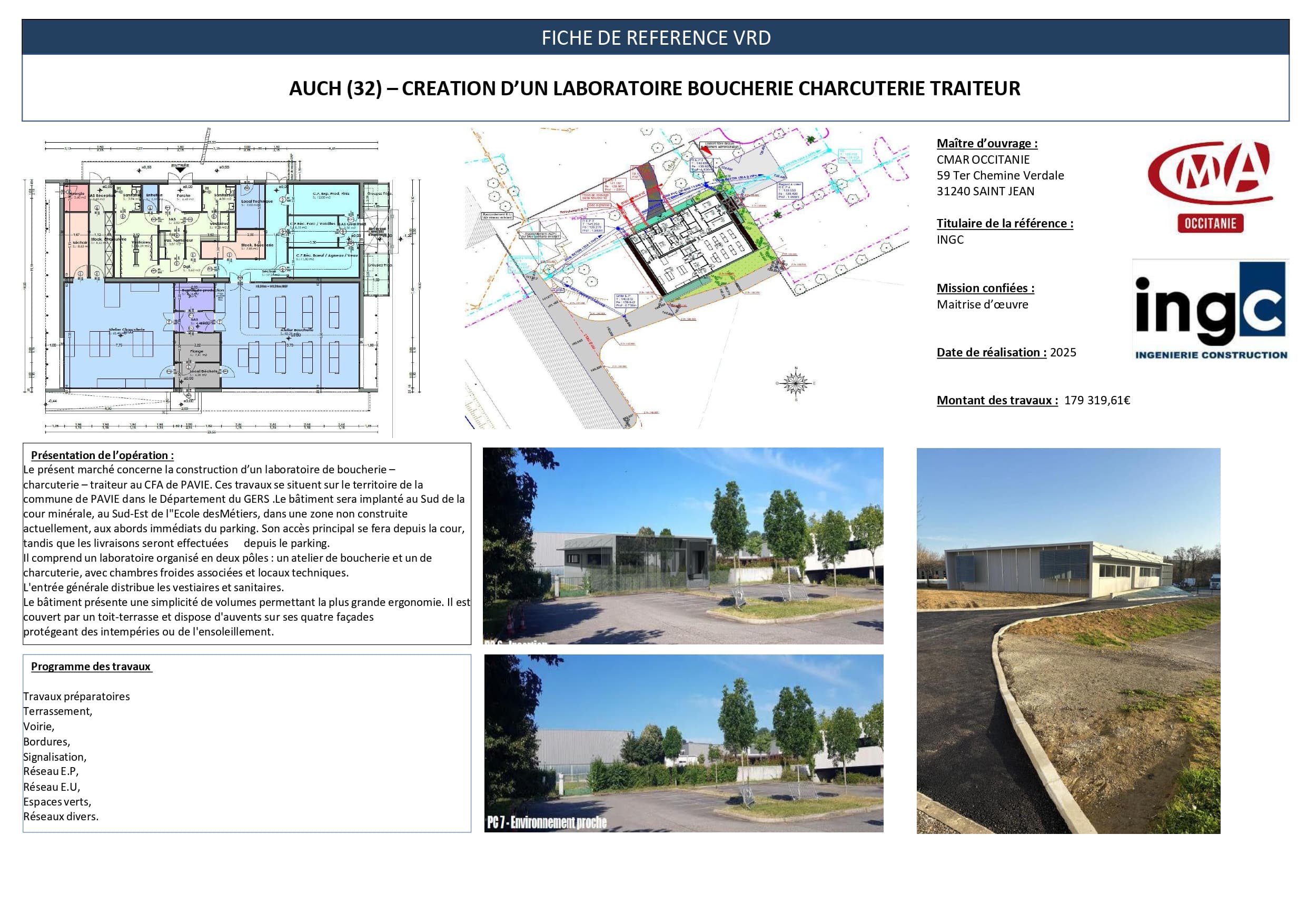 Fiche projet VRD laboratoire boucherie Auch. Plans techniques et rendus 3D pour CMAR Occitanie et INGC.