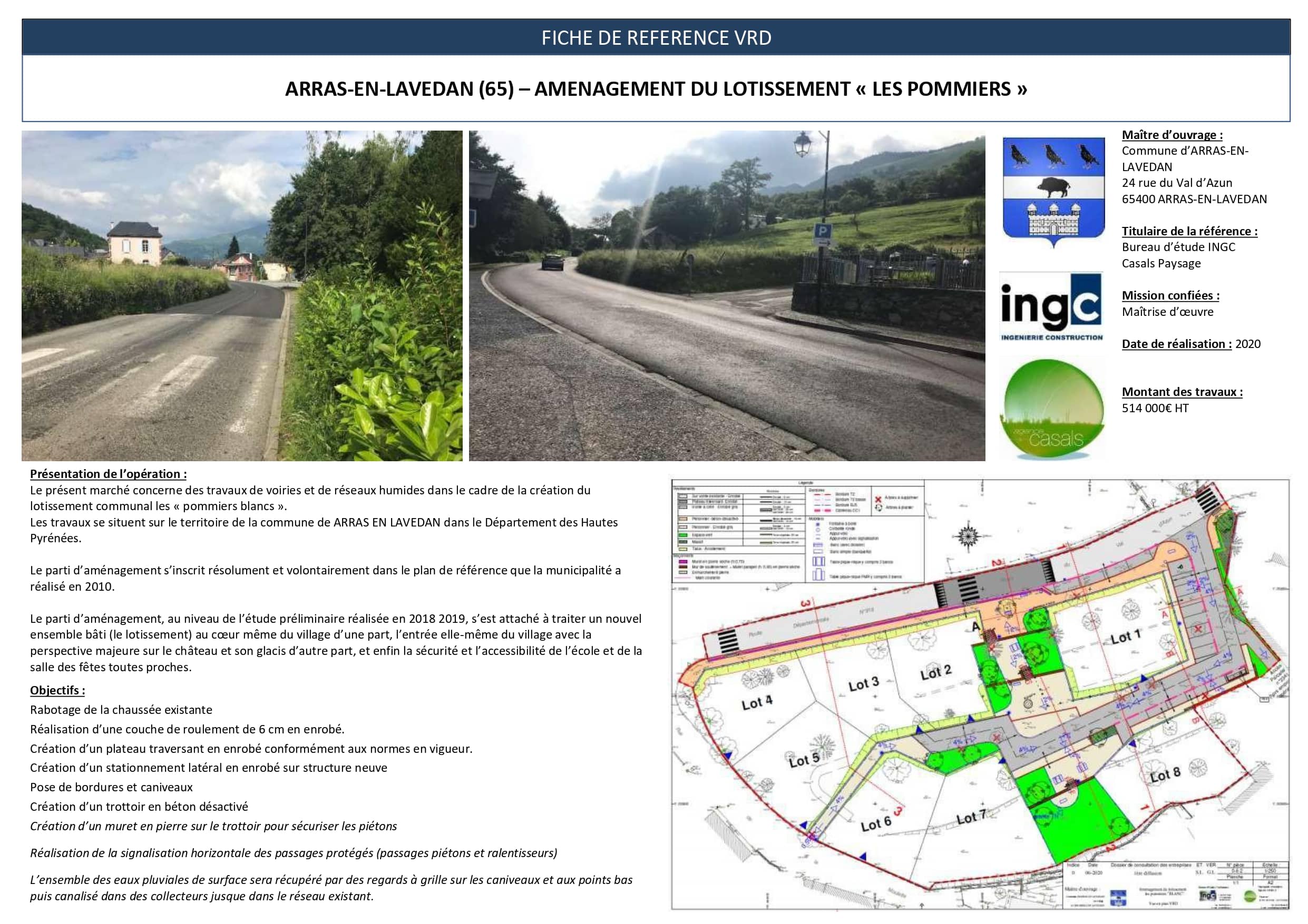 Fiche VRD lotissement Les Pommiers à Arras-en-Lavedan avec photos et plan technique.