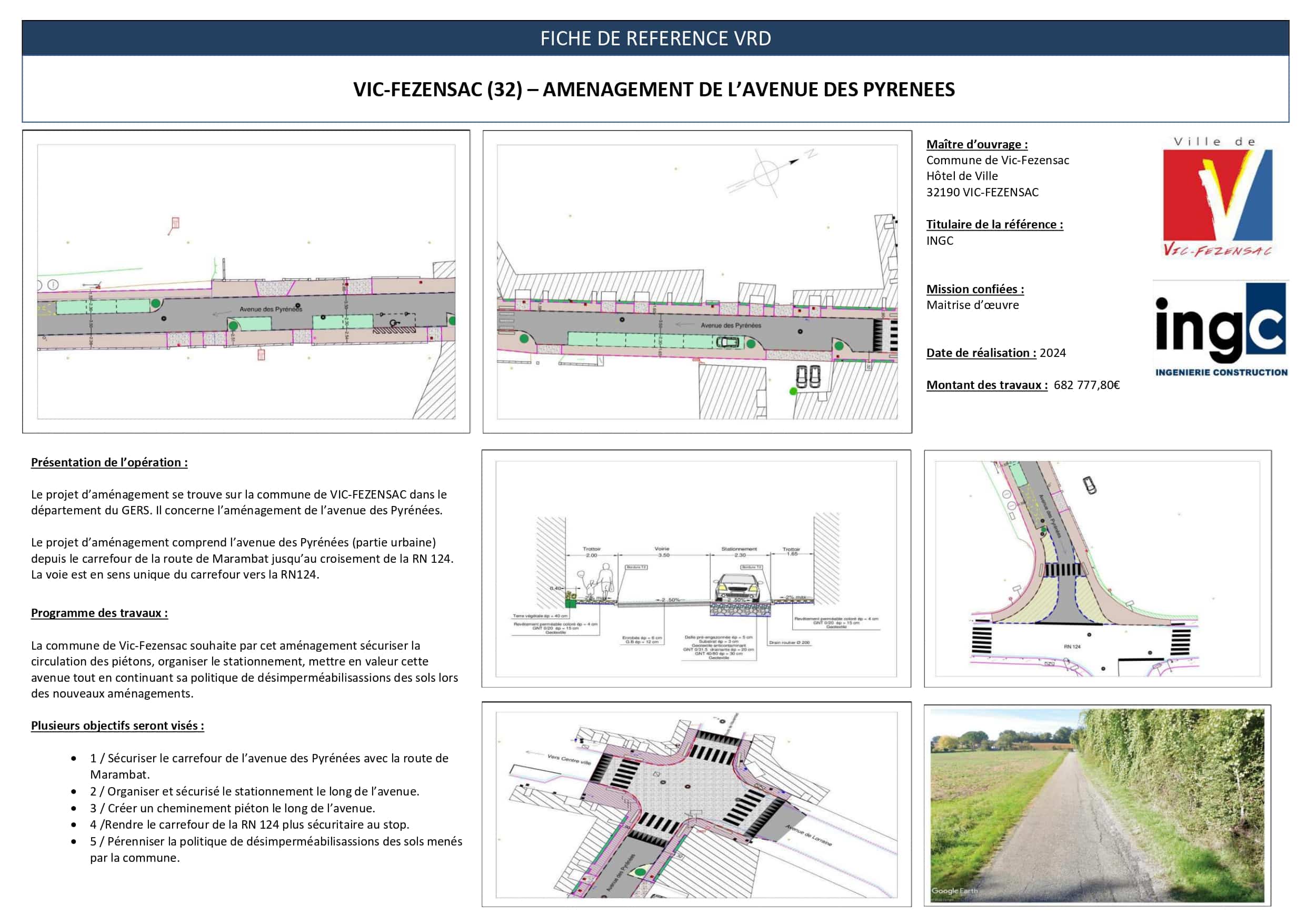 Fiche projet VRD Vic-Fezensac : aménagement Avenue des Pyrénées avec plans techniques, objectifs de sécurité et logos.