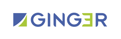Logo GINGER officiel, design bleu et vert dynamique. Logo GINGER moderne bleu et vert lime. Le mot GINGER est précédé d'un symbole carré segmenté en deux couleurs.