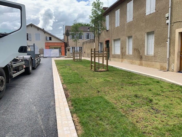 Rue urbaine avec pelouse, arbres tuteurés et boulangerie pâtisserie en arrière-plan.