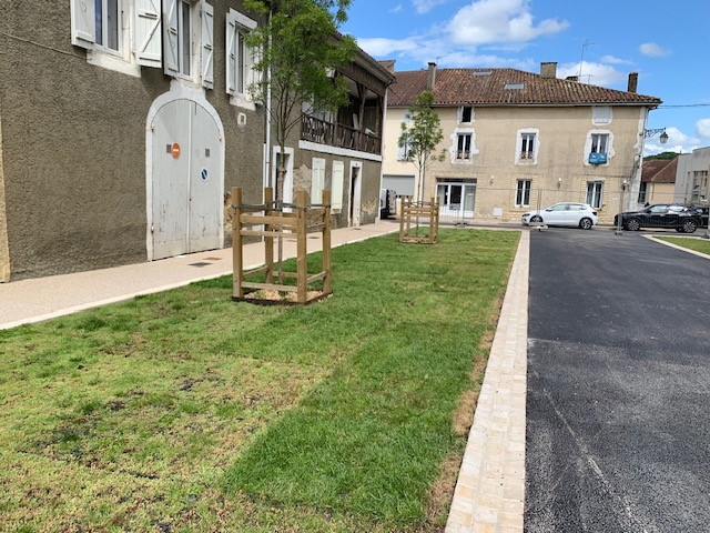 Place de village avec gazon neuf, arbres sous tuteurs et maisons traditionnelles en pierre.