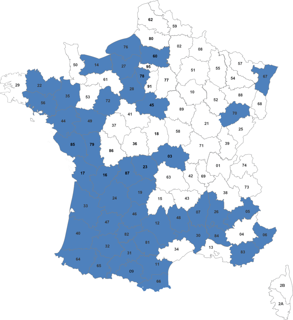 Carte de France : Départements mis en avant en bleu Carte de France aux départements numérotés, certains mis en évidence en bleu.