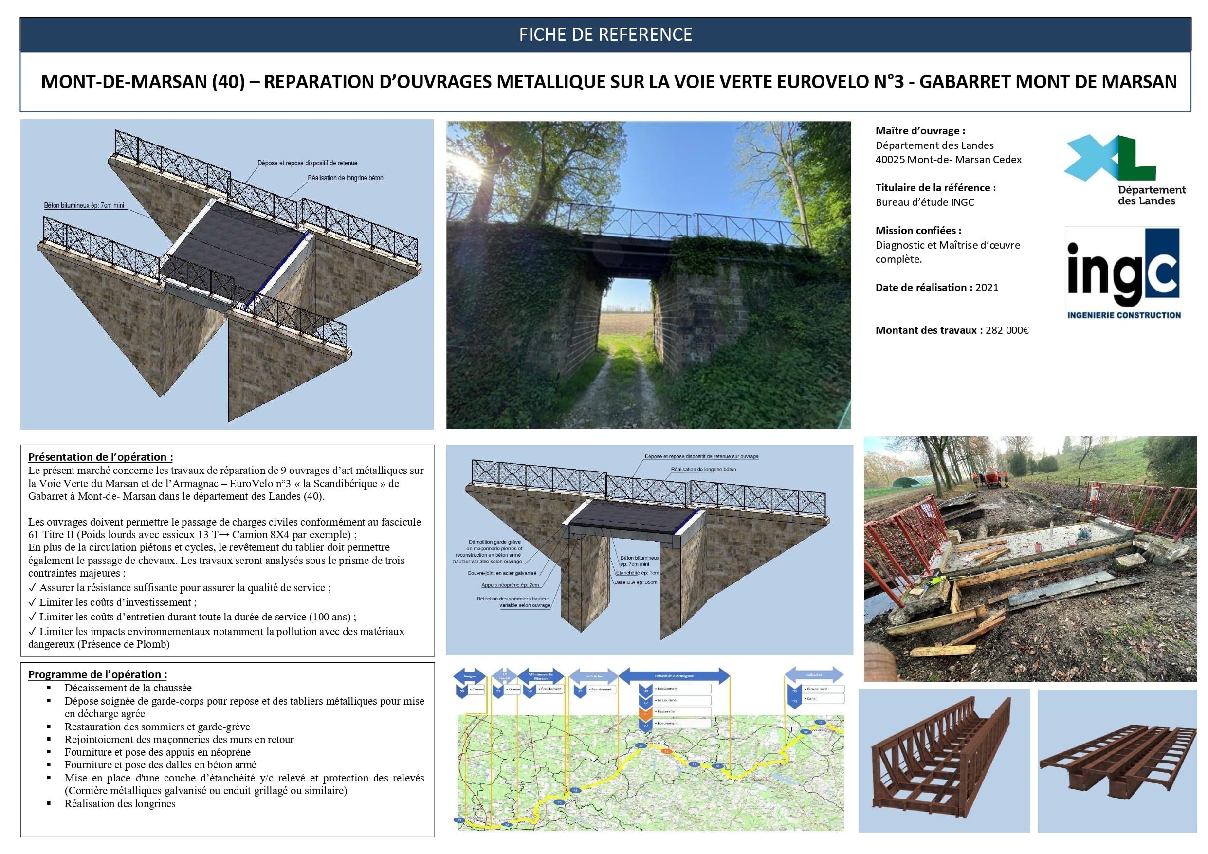 Réparation d'ouvrages métalliques EuroVelo 3, Mont-de-Marsan. Schémas techniques et photos de chantier INGC.